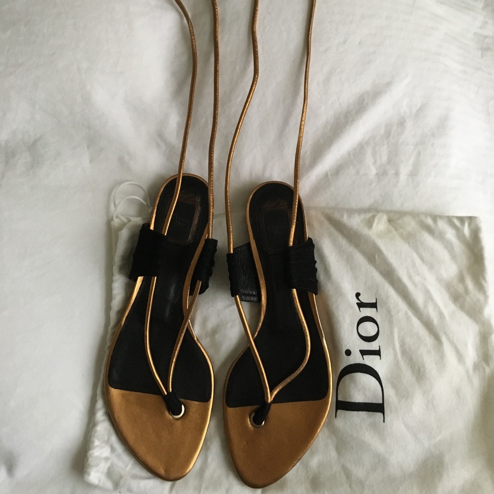 CHRISTIAN DIOR flat gold-tone ankle-strap sandals